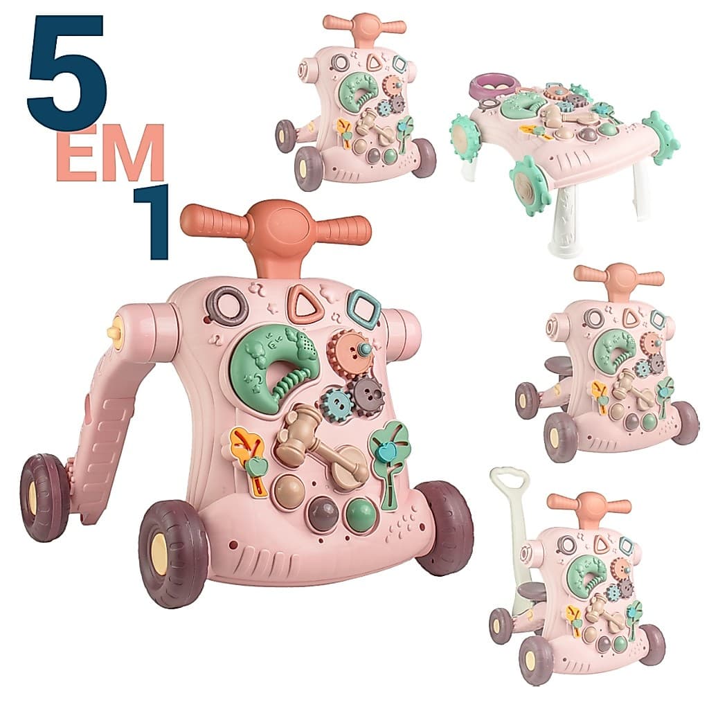 Andador de Atividades Infantil 5 em 1 Andador, Motoca, Patinete, Puxador, Mesa interativa Verde Rosa