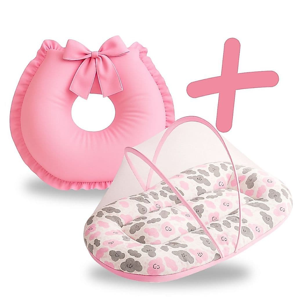 Almofada Amamentação Para Bebe + Berço Portátil Kit 2 Peças Enxoval Menina Menino Rosa Azul