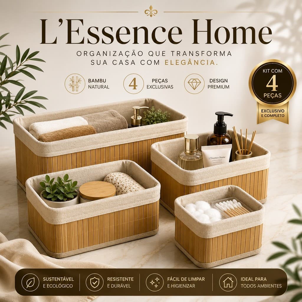 Kit 4 Cestos Organizadores de Bambu Multiuso com Forro Removível para Banheiro Cozinha Closet | L'Essence Home