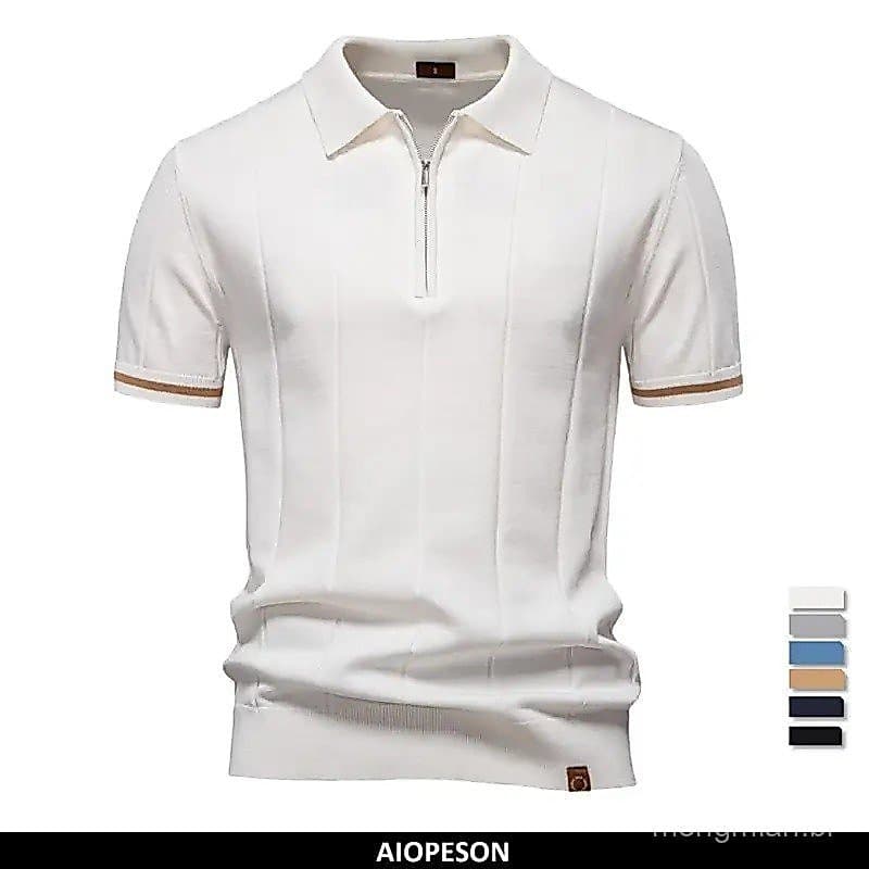 Camisa Polo Esportiva Masculina AIOPESON de Cor Sólida com Zíper, Camisas Polo Sociais para Homens, Ajuste Slim para Esc