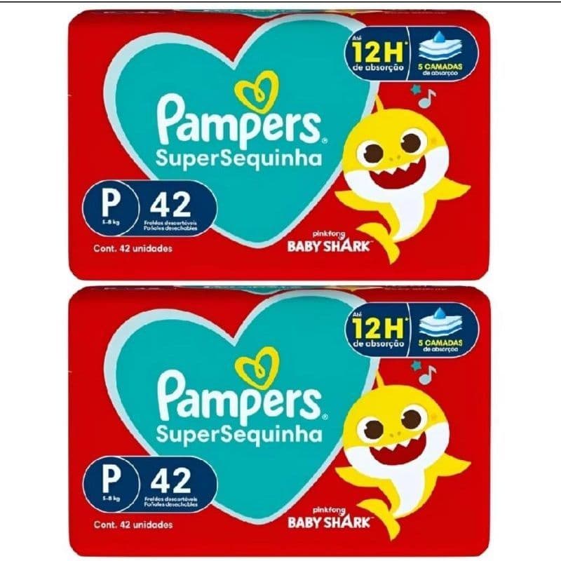 Fralda Pampers Supersequinha Baby Shark P 42 Unidades – Pacote Individual ou Kit 2 Pacotes (84 Fraldas)