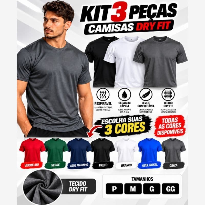 kit 3 Camisetas Dry Fit Masculina  Treino Musculação  Academia.