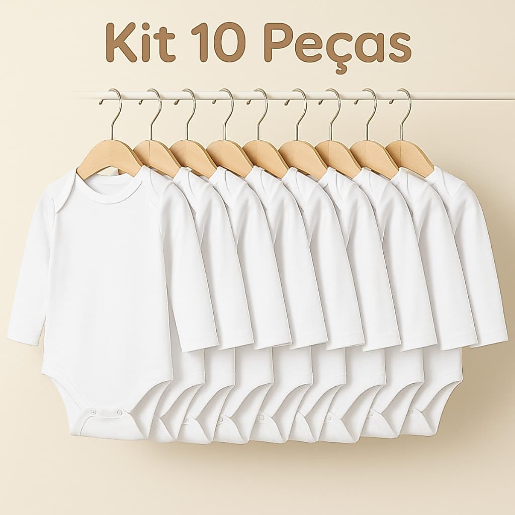 Body Bebê Manga Longa Branco Liso Kit 10 Peças 100% Algodão Sublimação Enxoval Bebê