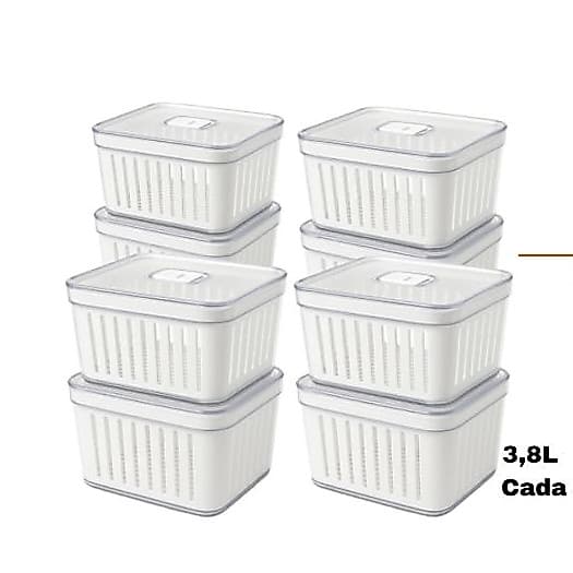 Kit 8 Organizador de Geladeira 3.8 Litros Cesto Com Tampa Multiuso Alimentos Verduras e Vegetais
