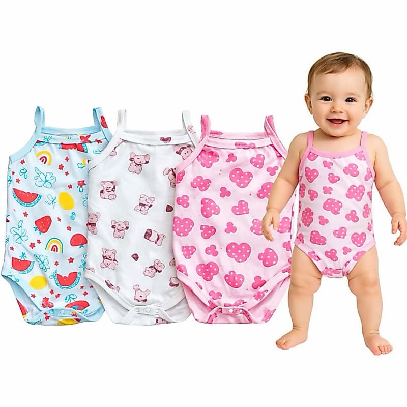 Kit 3 Body Bebe Menina Alcinha 100% Algodão Roupa de Bebê P M G 3 Peças de Bodies para Bebê