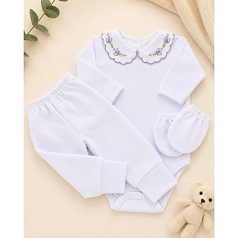 Kit Body Bebê mais Calça com Pé Reversível e Luva, Saída Maternidade Enxoval