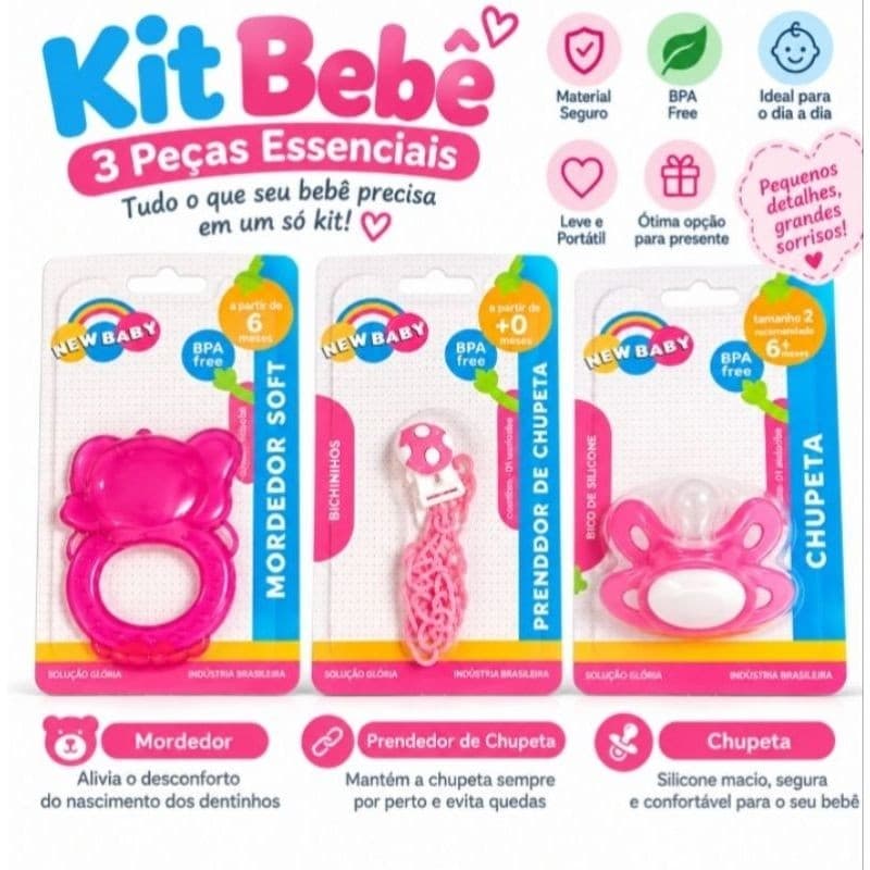 Kit Bebê 3 Peças – Chupeta silicone + Prendedor de Chupeta + Mordedor