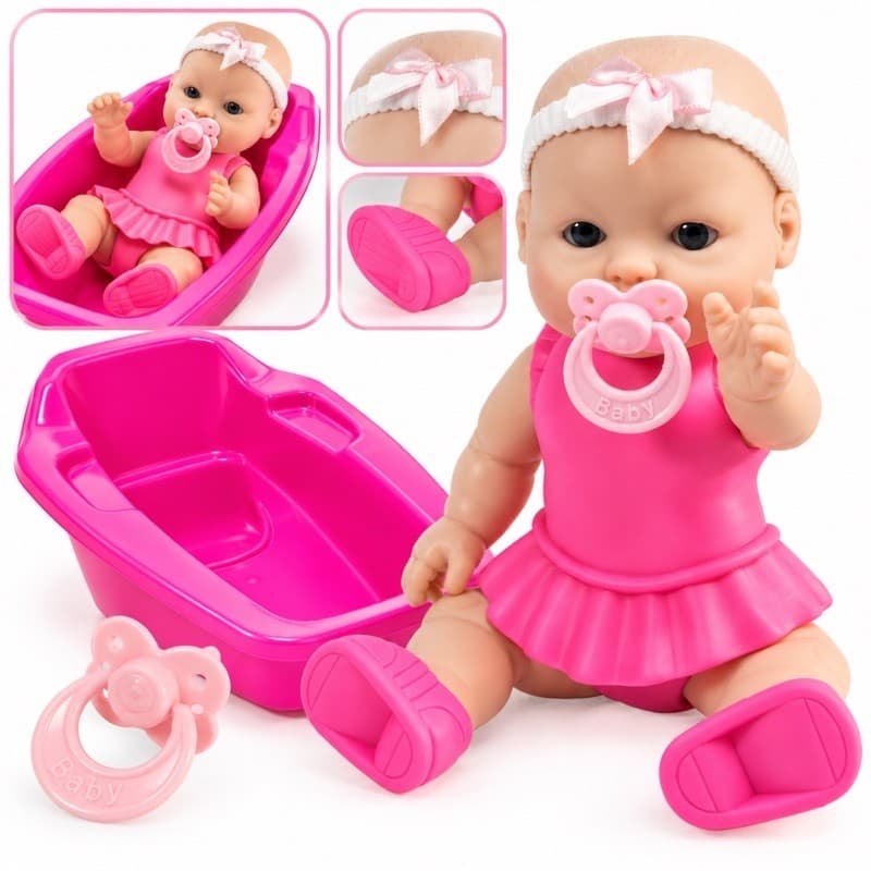 Boneca Elya 20 cm Branca Vinil rosa com chupeta e banheira| menina| brinquedo