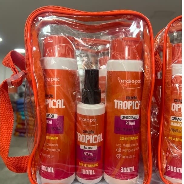 Kit Banho Pet Make Pet Coleção Tropical Shampoo 300ml + Condicionador 300ml + Perfume 100ml com Necessaire para Cães