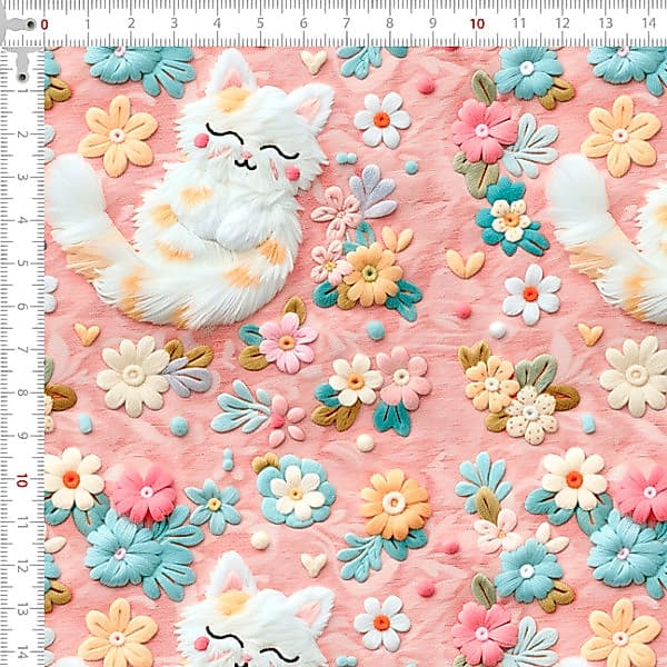 Tecido Tricoline Digital 3D Gatinhos e Florais Patchwork Costura Ateliê Pano DIY Artesanato