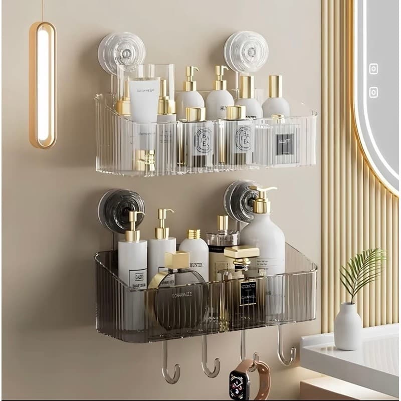 Prateleira de Parede c/Ventosas,elegante S/furos adesiva -suporte Organizador Acrílico para Porta Shampoo p/Banheiro