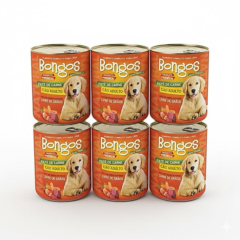 Kit 6 Latas Ração Úmida Patê de Frango ou Carne Cão Adulto e Filhote - BONGOS 280g Premium