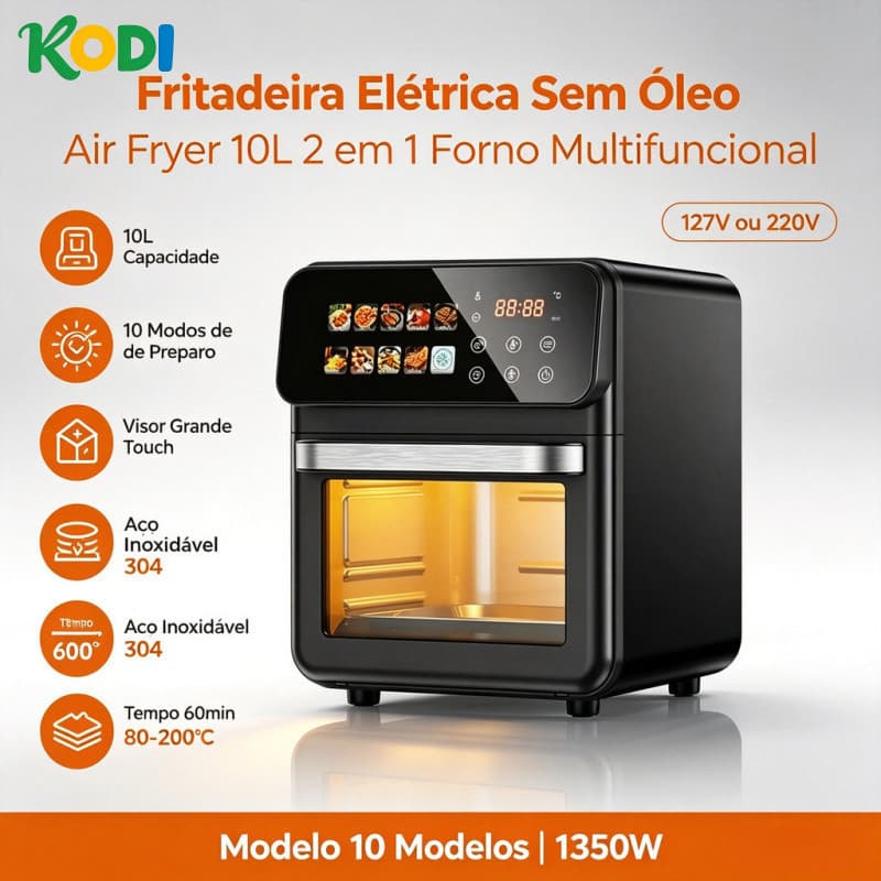 Fritadeira Elétrica Sem Óleo Air Fryer 10L 2 em 1 Forno Multifuncional 10 Modos Visor Grande Painel Touch 127V/220V-D15