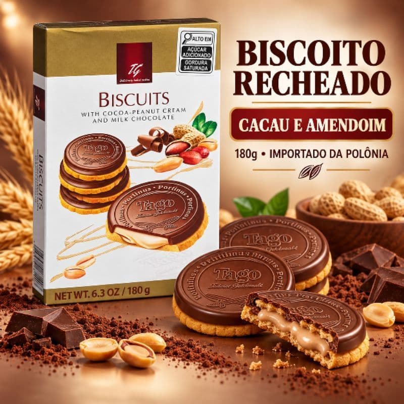 Biscoito de Chocolate Recheado com Cacau e Amendoim Tago 180g- Importado Polônia