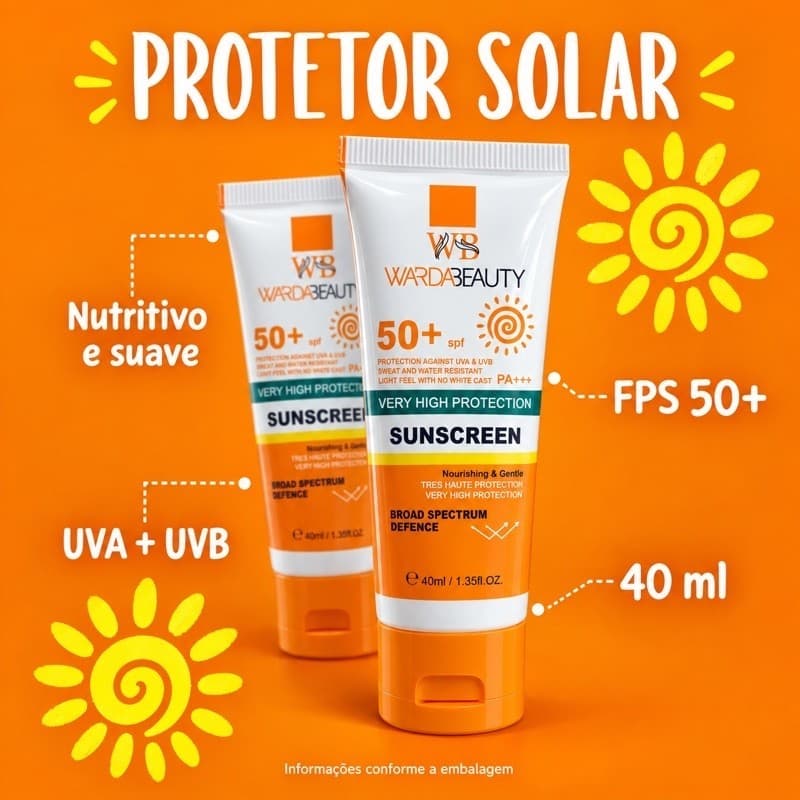 Protetor Solar Facial WardaBeauty FPS 50+ 40ml Proteção UVA UVB Resistente à Água