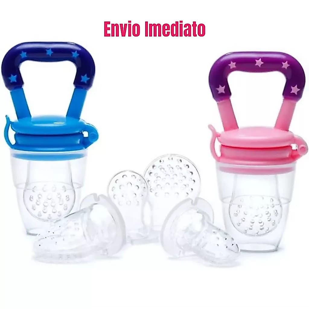 Chupeta Mordedor Alimentadora P/ Bebê De Silicone Porta Fruta Azul e Rosa