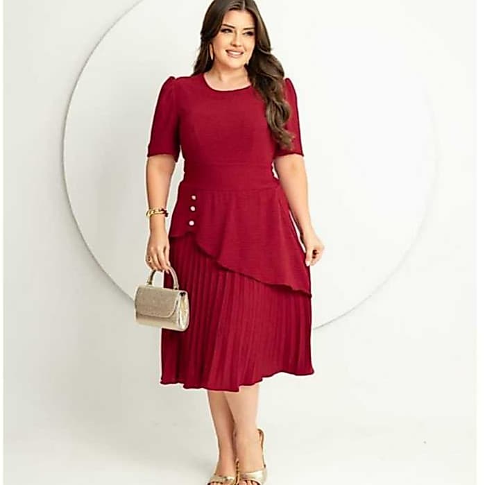 Vestido Feminino Midi Plissado Elegante, Manga Curta. Moda Evangelico Tecido Duna