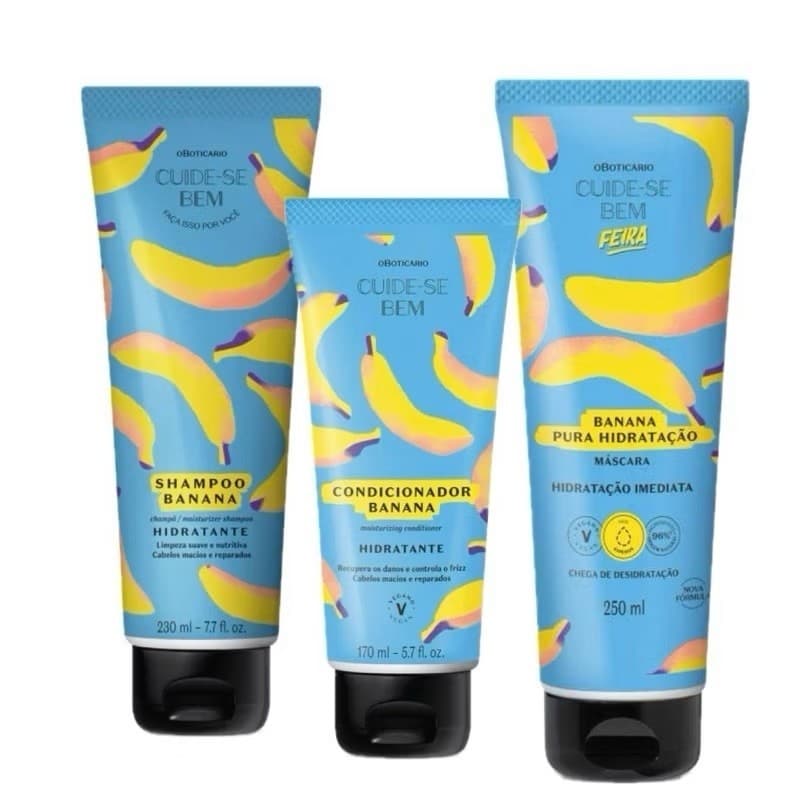 Kit Cuide-se Bem Feira Banana: Shampoo 230ml + Máscara Hidratante 250ml + Condicionador 17