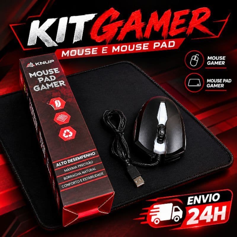 Kit Gamer Mouse + Mouse Pad Gamer KNUP Alto Desempenho Precisão Conforto Estabilidade USB PC Notebook Envio 24H Completo
