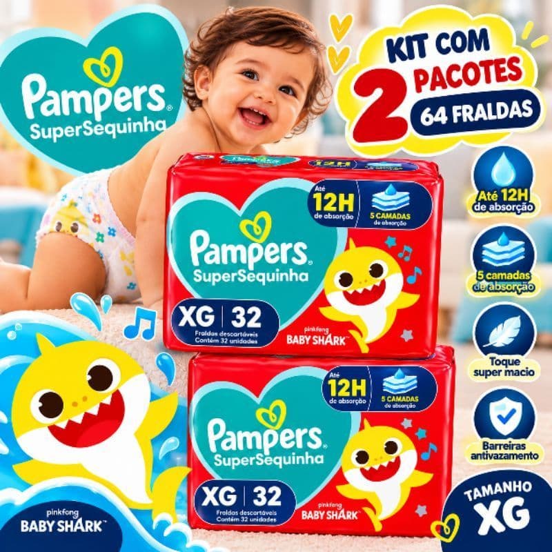 Kit 2 Pacotes Fralda Pampers Supersequinha Baby Shark XG – 64 Unidades (32 Cada)