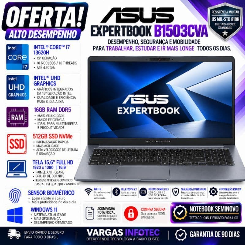 NOTEBOOK ASUS EXPERTBOOK - I7 13620H / 16GB RAM DDR5 / 512GB SSD NVME / 15.6" FHD / W11
