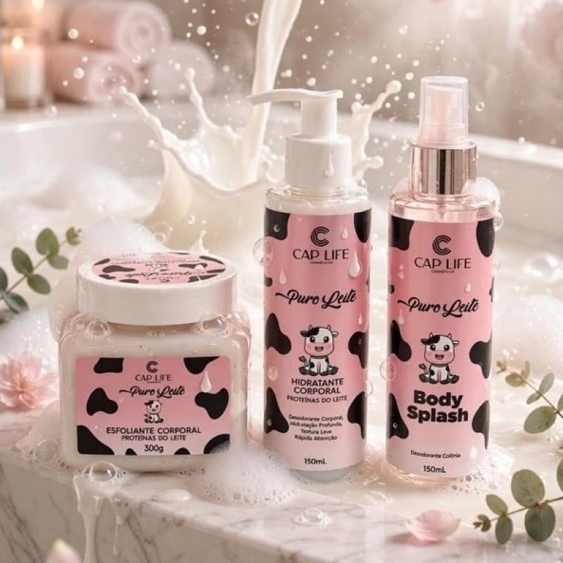 Kit CAP LIFE Puro Leite vaquinha Esfoliante Corporal 300g Hidratante Corporal 150mL Body Splash 150mL