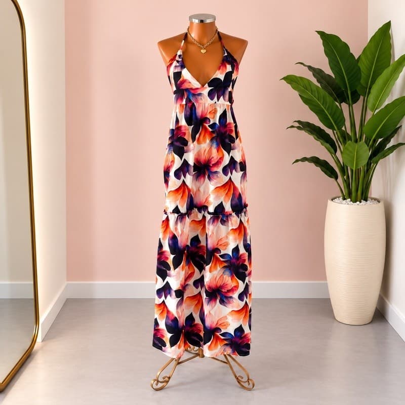 Vestido Midi Feminino Estampado com amarração Veste 36/38/40 Vestido Feminino