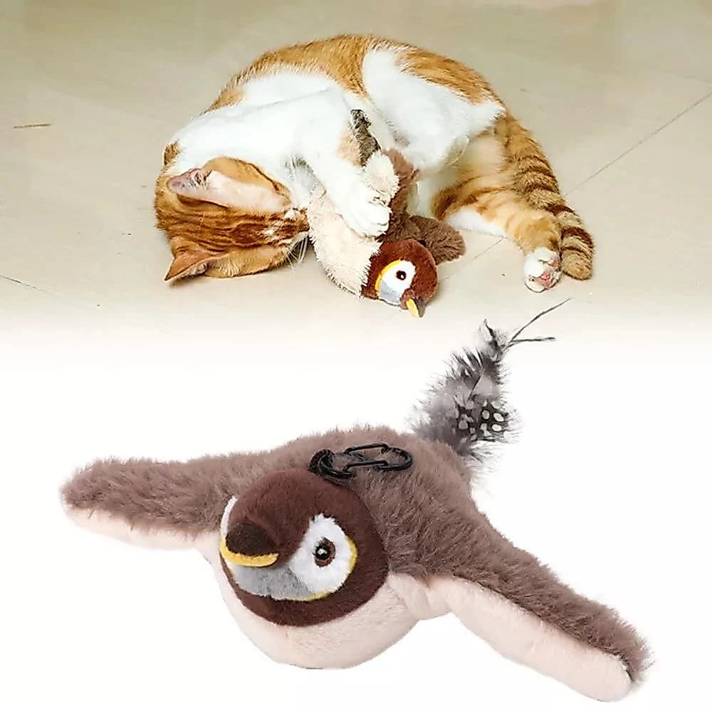 Simulado Pássaro Gato Brinquedo Interativo Recarregável Chilrear Batendo Toque Ativado De Pelúcia