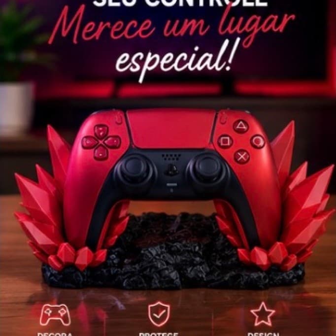 Porta Controle Gamer em Cristais PS5 | Suporte para Controle de Videogame | Decoração Setup Gamer 3D