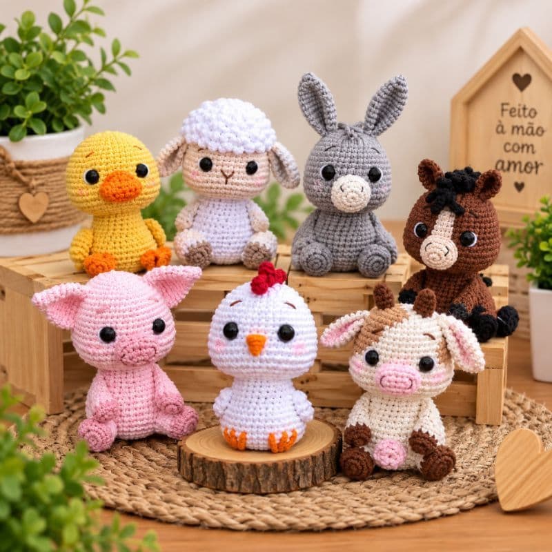 coleção Amigurumi Fazendinha – Animais de Crochê Artesanais | Galinha, Vaca, Porquinho, Cavalo e Mais kit ou individual.