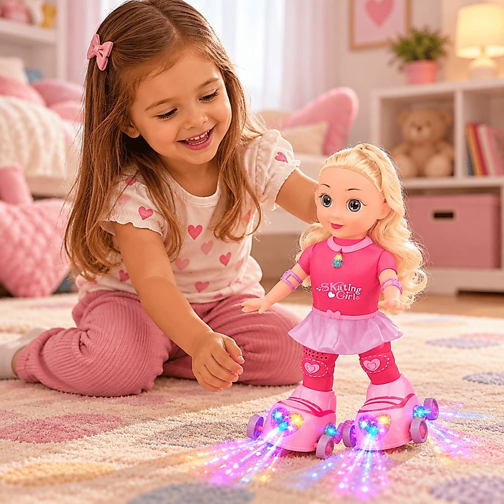 Boneca Patinadora Infantil Candy Patins Articulada Com Movimento Luzes Música e Som Loira ou Ruiva Zoop Toys