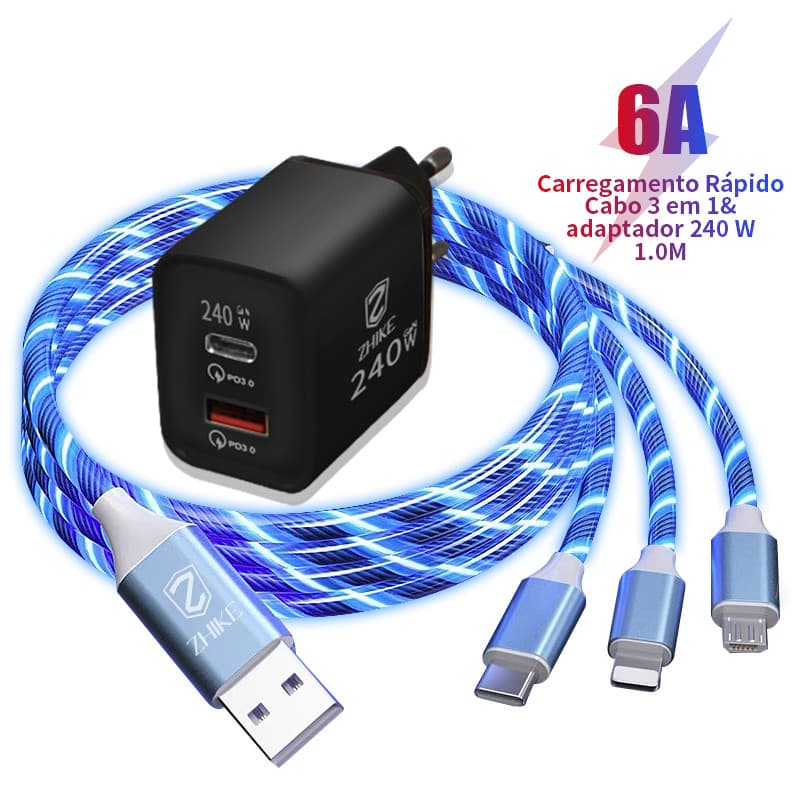 Cabo Carregador Celular Carregamento Rápido 3 em 1 Tipo C Micro USB 1M Streamer Charger Cable