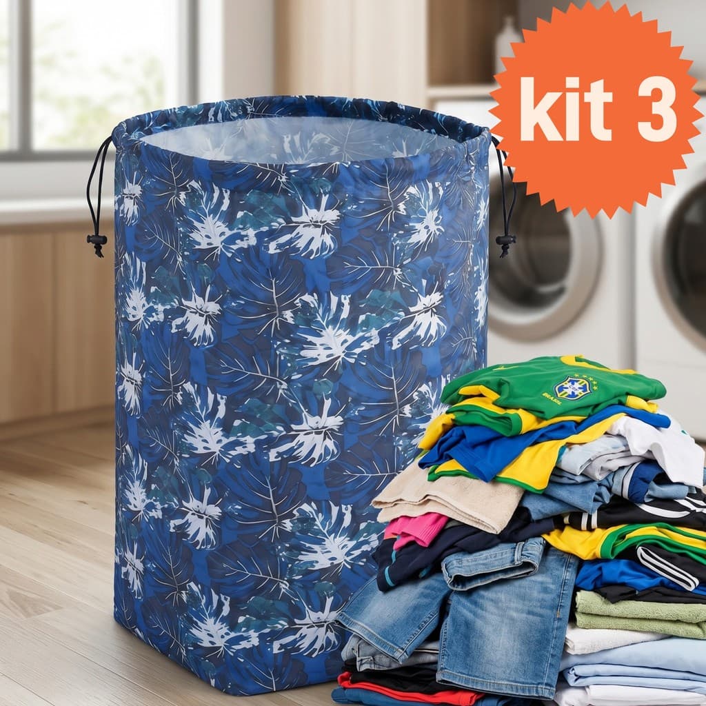 Kit 3 Saco Cesto De Roupa Suja Grande Dobrável Impermeável Organizador Multiuso Com Alça Para Banheiro E Lavanderia