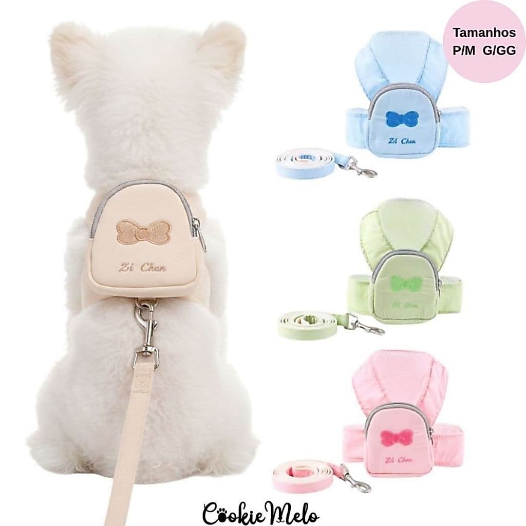 Coleira Guia Com Mochila Pet Cachorro Gato Peitoral Macho e Fêmea Passeio Viagem Festas G/GG