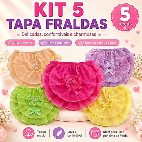 Kit 5 Tapa Fralda Premium Bebê Menina Calcinha Infantil com Babado Laço Renda 0 a 6 Meses Bunda Rica