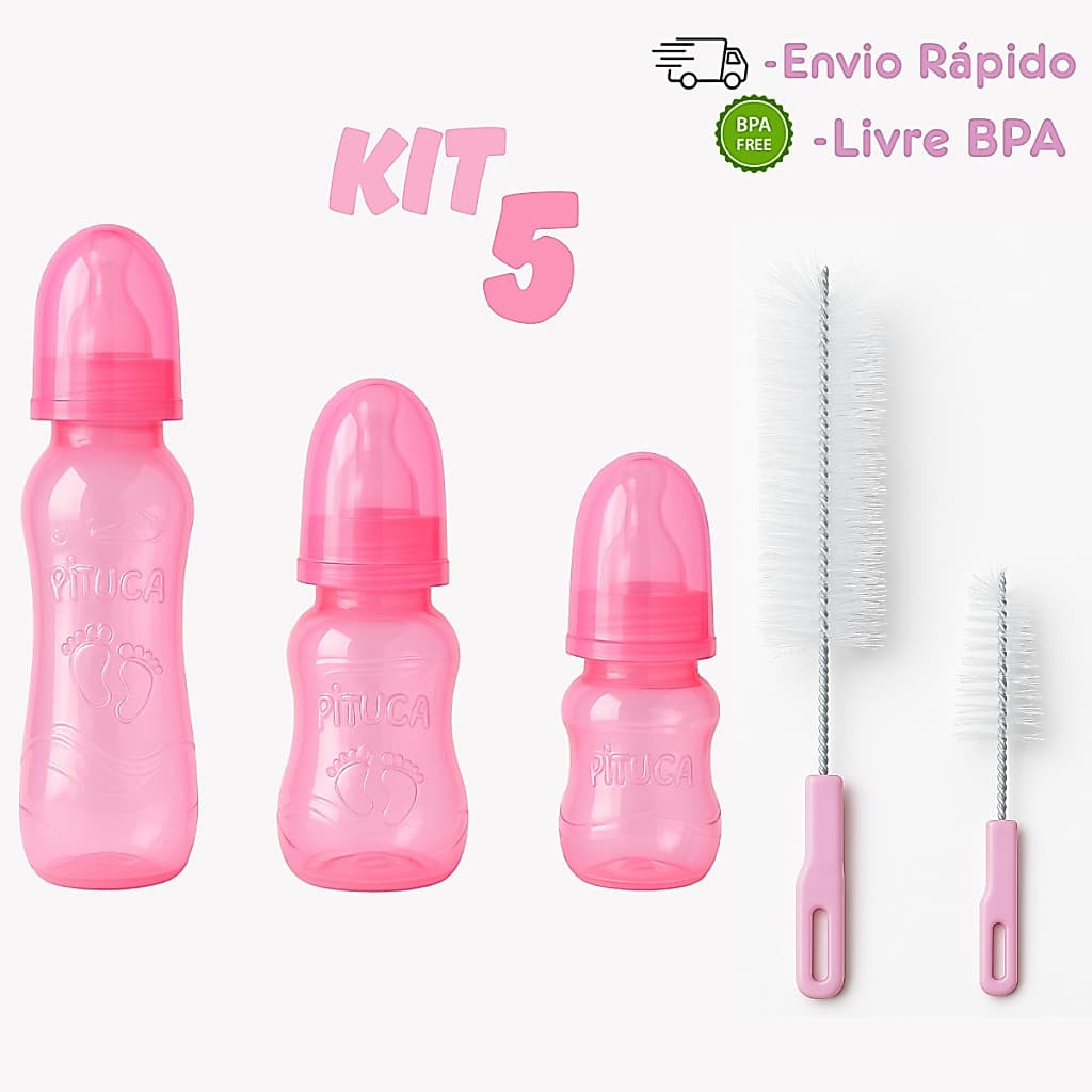 Kit 5 Peças - 3 Mamadeiras + 2 Escovas para Lavagem - Kit Para Bebê
