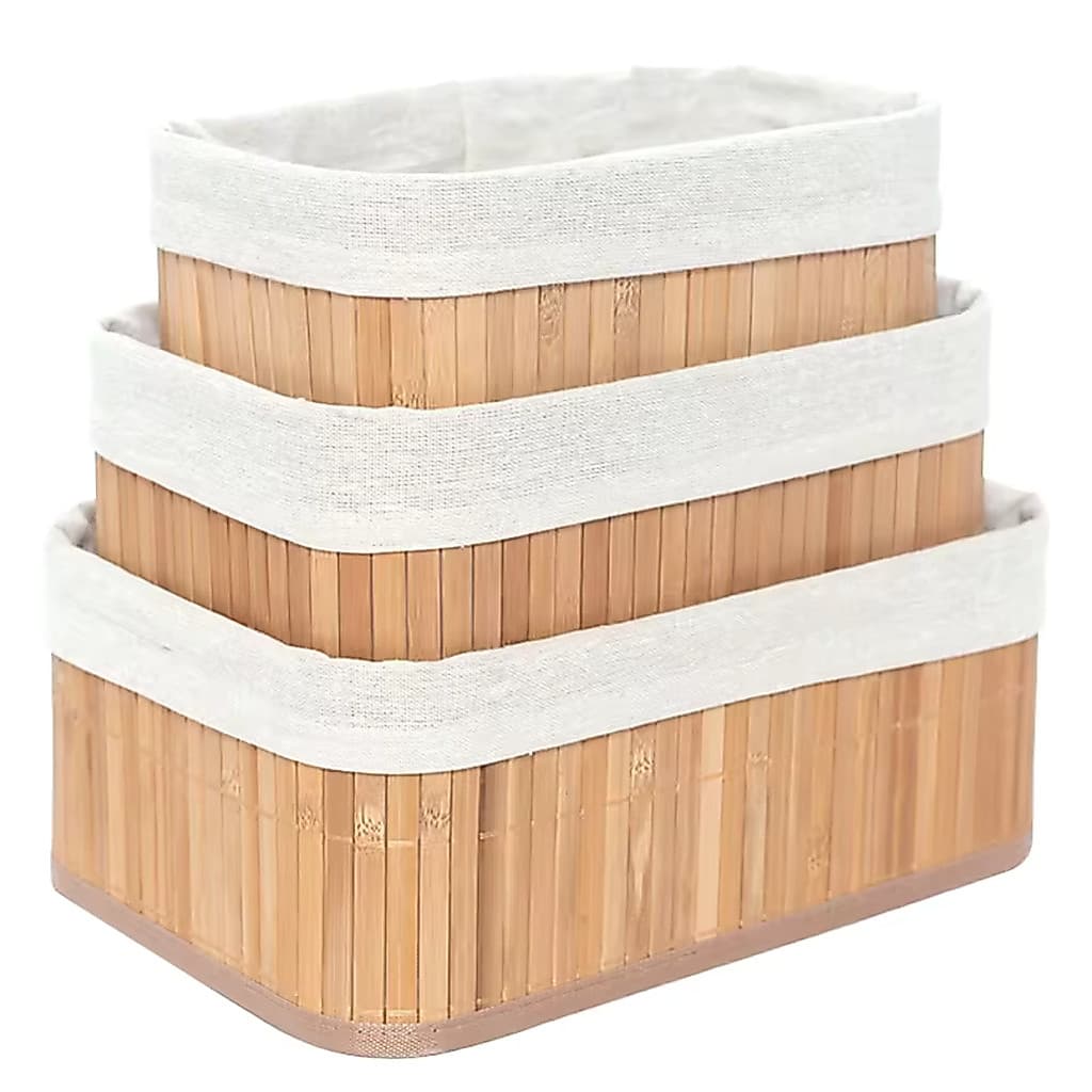 Kit Cestos Organizadores em Bambu com Forro Multiuso Banheiro Cozinha Lavanderia Decorativo