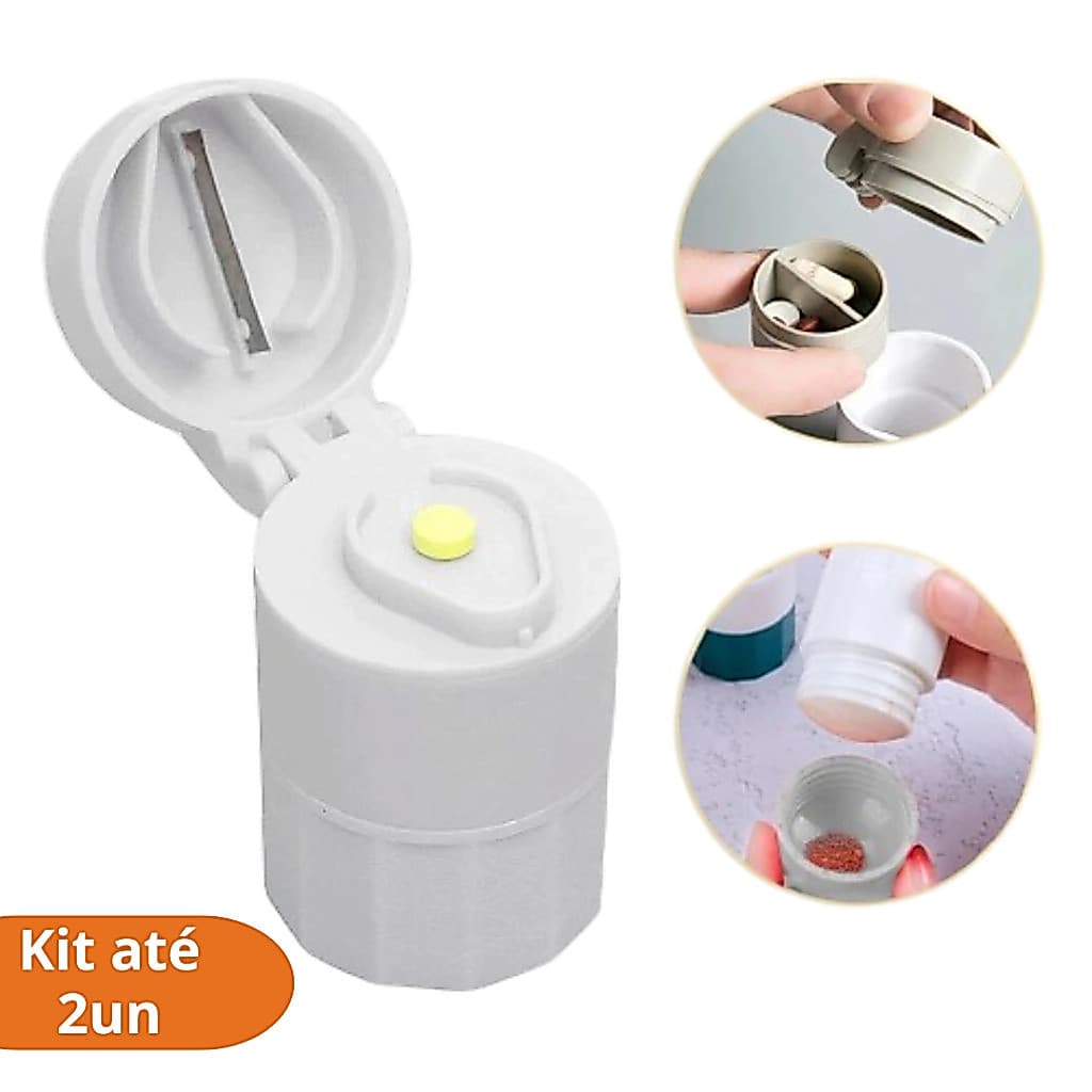 Kit Porta Comprimido 3 em 1 Cortador Triturador Estojo Organizador Remédio