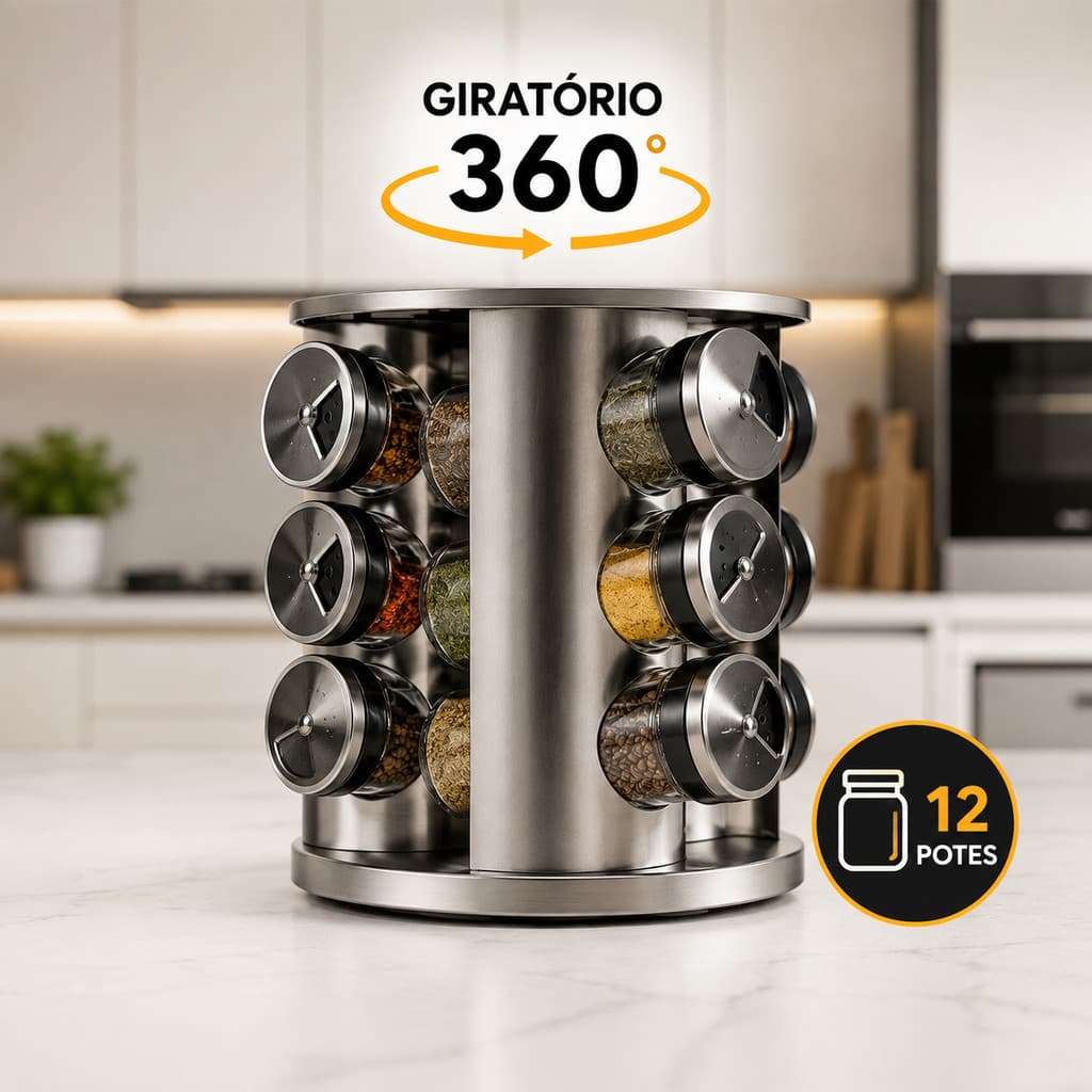 Porta Condimentos INOX 12 Potes Vidro Base 360° Cozinha Giratório Premium Tempero Restaurante