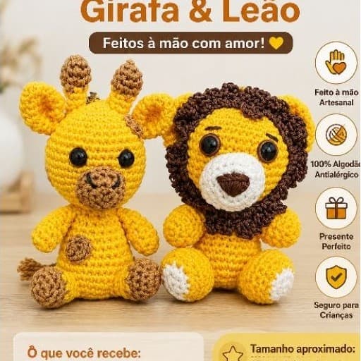 Kit Chaveiro Amigurumi Leãozinho e Girafinha em Crochê Artesanal Fofo para Bolsa Mochila 🎒