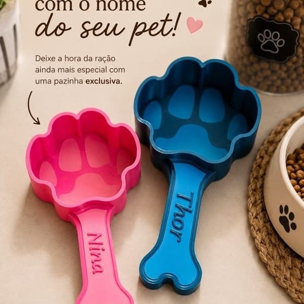 Pazinha Personalizada para Ração Pet com Nome – Cachorro e Gato – Dosador de Ração em Formato de Patinha