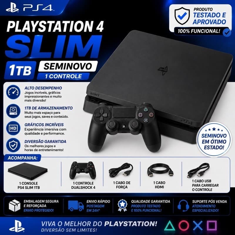 Video Game PS4 Slim 1TB + 1 Controle - Seminovo