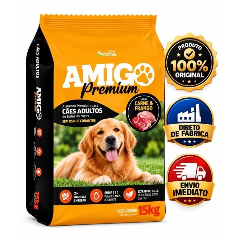 Ração Para Cachorro 15kg AMIGO Sabor Carne e Frango – A Ração Mais Completa Pro Seu Amigão 19% Proteína Omegas 3 e 6
