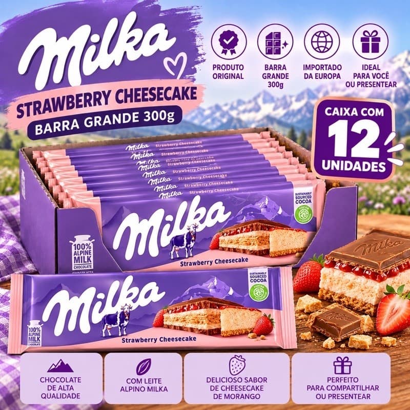 12x Milka MMMAX 300g Caixa com 12 Barras Strawberry Cheesecake | Barra Grande | Caixa Fechada | Produto Importado