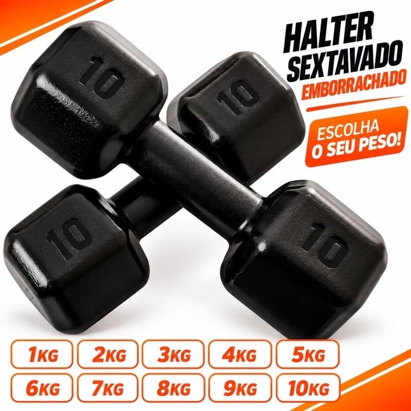 Kit Par de Halter Sextavado Emborrachado Ferro Fundido 1kg a 10kg Peso Academia Musculação Treino em Casa