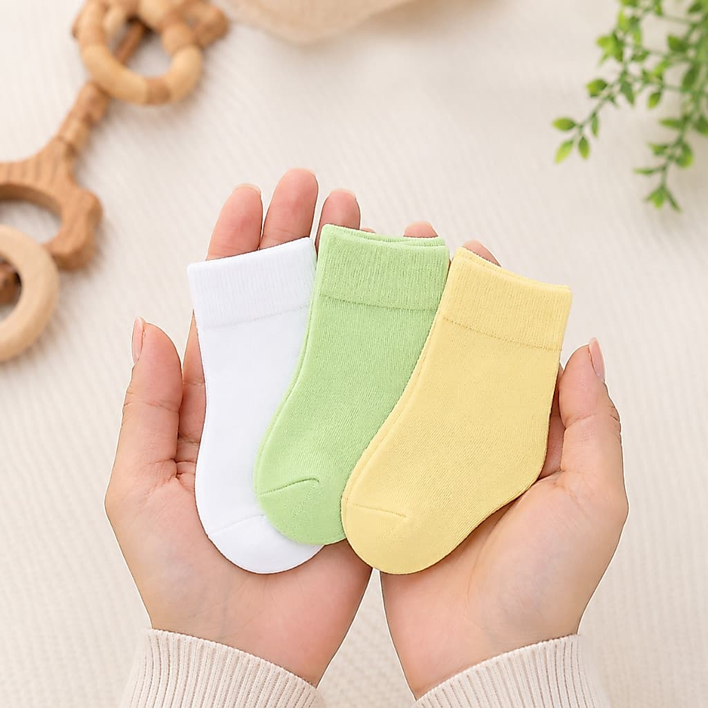 Kit 3 Pares de Meias Verde Amarelo e Branco Cores Neutras Bebê RN Recém Nascido Essencial Enxoval  0-10 Meses Lisa Fina