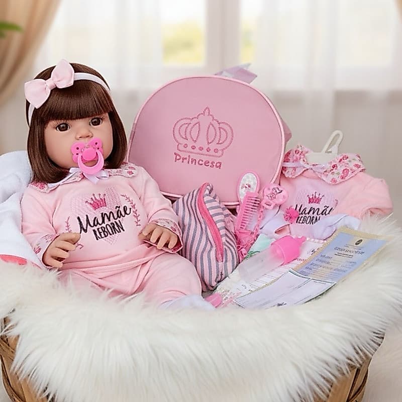 Kit Boneca Bebê Reborn 100% Silicone Mamãe Reborn + Enxoval Completo com Bolsa 30 Acessórios - 45cm!