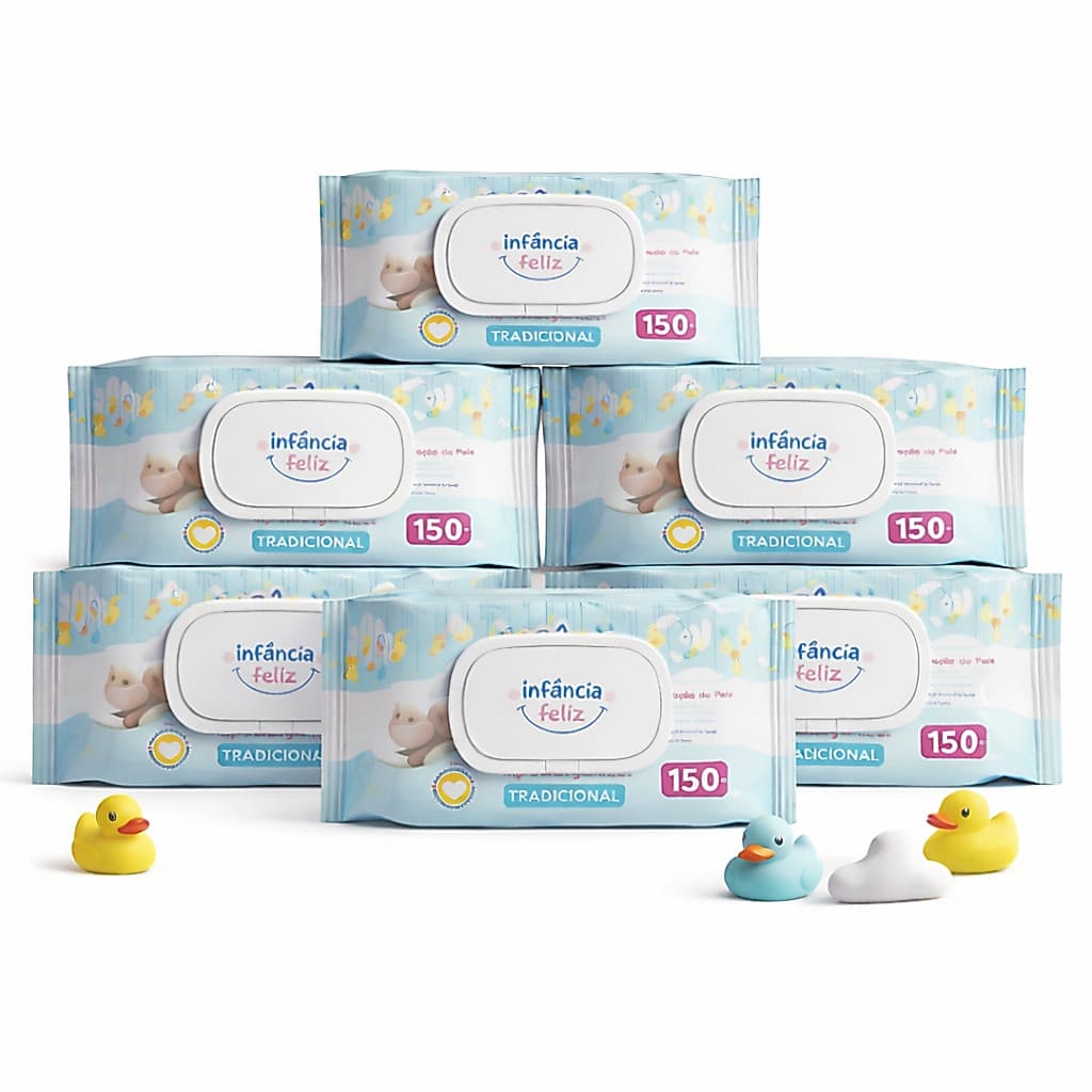 Kit 06 Pacotes Toalhas Umedecidas Infância Feliz 150 folhas Produto 100% Vegano 98% Água