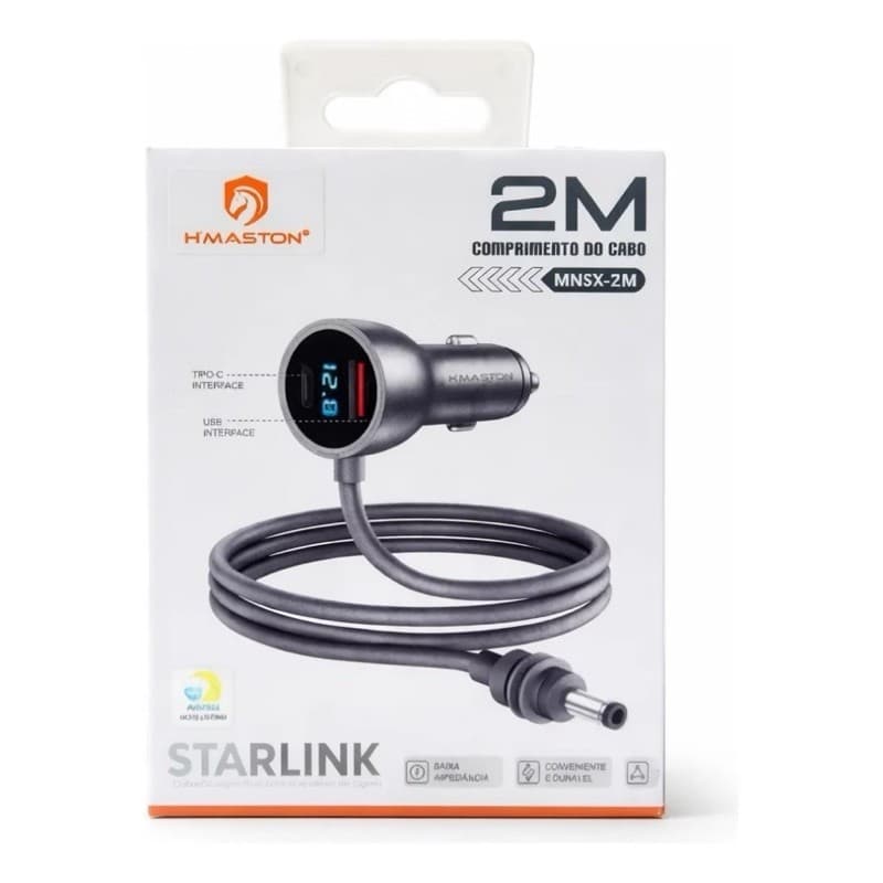 Carregador Veicular Starlink Mini H'maston MNSX-2M Cabo 2 Metros + Portas USB e Tipo-C com Visor LED
