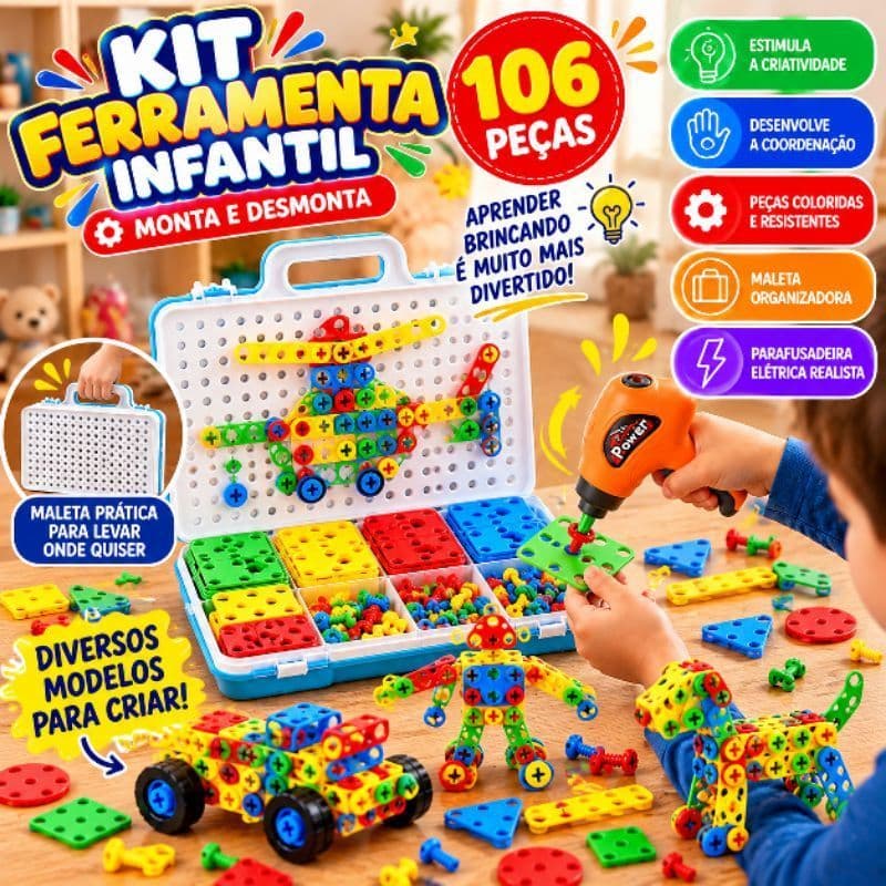 Kit de Ferramentas Infantil 106 Peças com Parafusadeira Elétrica de Brinquedo e Maleta – Brinquedo Educativo de Montar